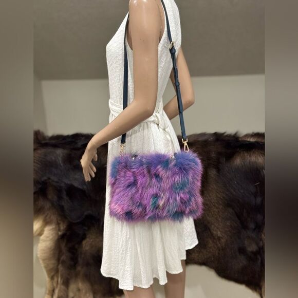 Purple Gradient Handmade Luxury Real Fox Fur Top Handles Satchel Bag/Crossbody - Picture 8 of 16